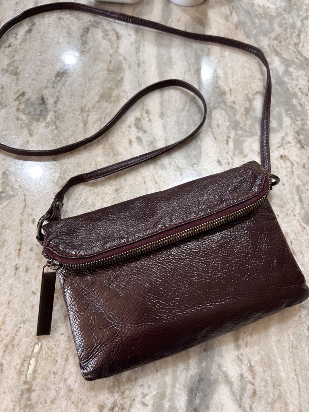 Dark Brown with a hint of Burgandy Patent Crinkle Leather Crossbody